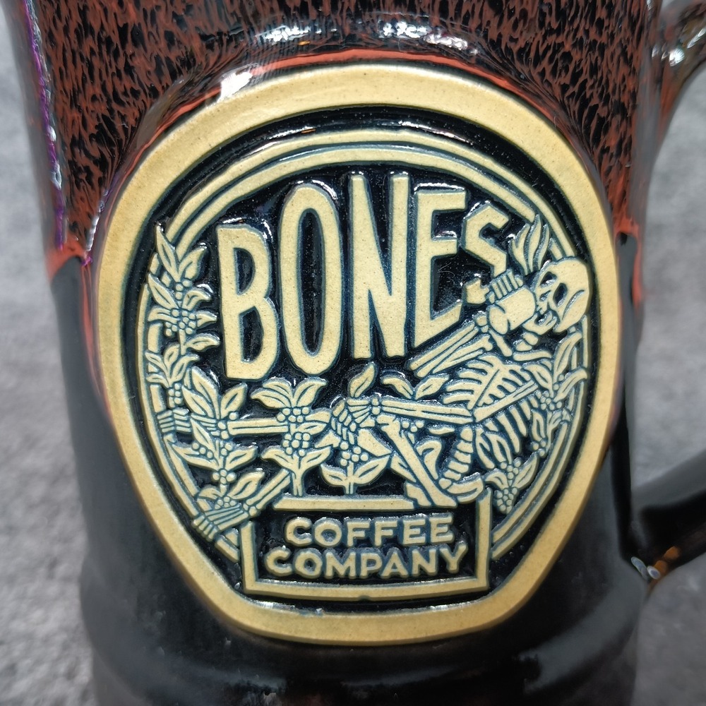 Deneen Pottery Bones Coffee Company Mug Black Brown Drip Glaze Stoneware 2017 - Picture 2 of 7